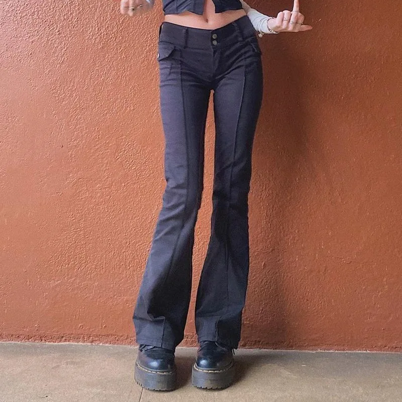 

2020 New Fashion Women Ins Retro Side Pockets Low Waist Pants Denim Trousers Streetwear