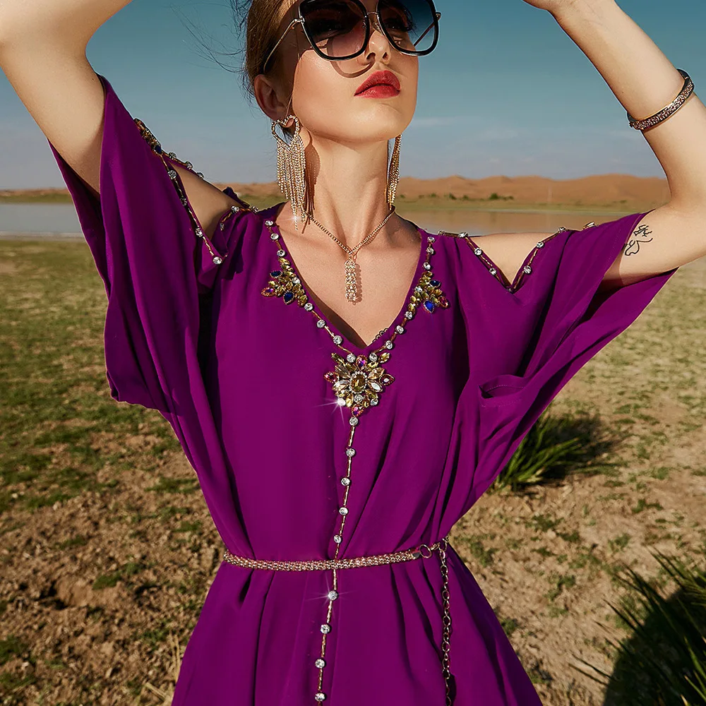 Eid Mubarak Off The Shoulder Abaya Dubai Evening Dresses Turkey Arabic Muslim Dress Islam Abayas for Women Kaftan Robe Longue