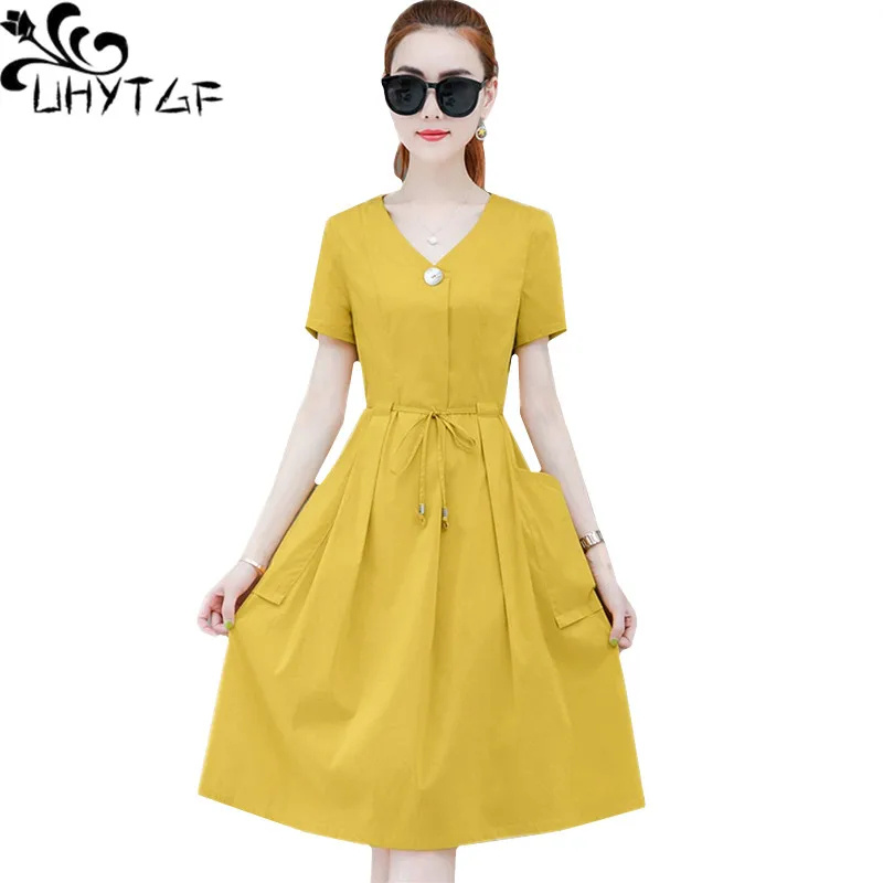 

UHYTGF платья для женщин, модное летнее платье с V-образным вырезом, однотонное пляжное элегантное платье, большие размеры, 1174