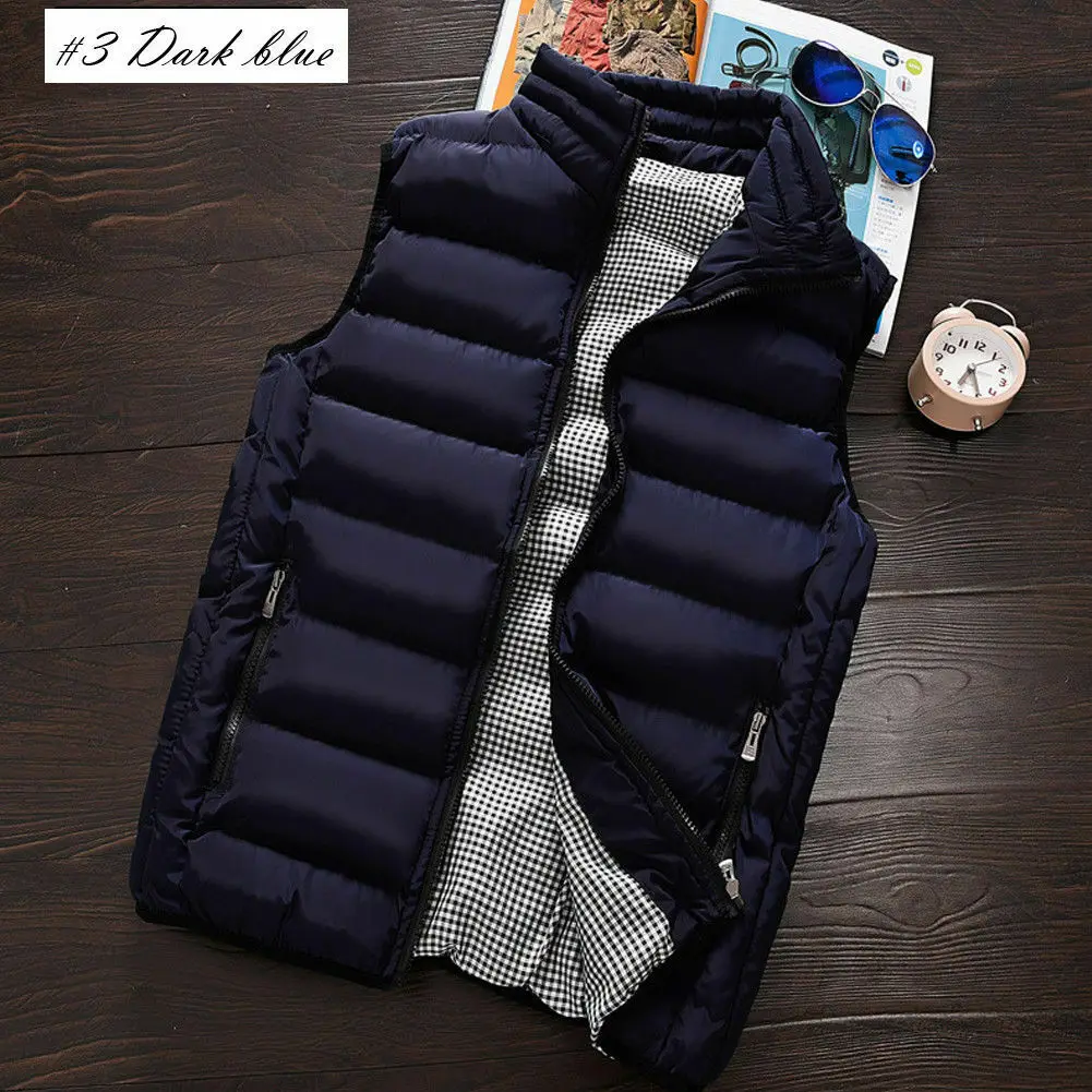 

Men's Casual Sleeveless Cotton Jacket Vest Solid Color Zipper Jacket Warm Vest