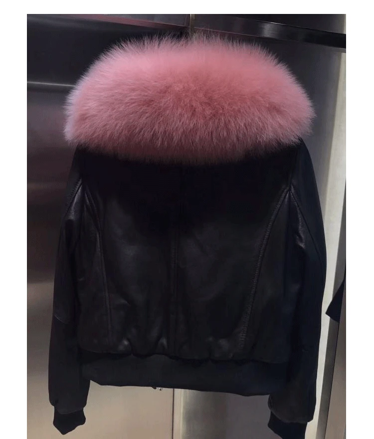 2021 fashion women motorcycle and biker short coat genuine sheepskin leather large fox fur collar cotton padded plus size xxxl