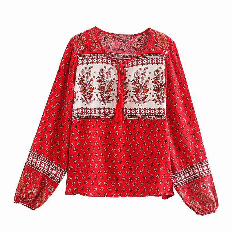 Женская богемная блузка с цветочным принтом круглым вырезом и длинным рукавом |