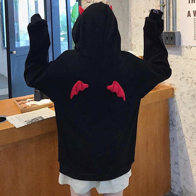 Женская толстовка с капюшоном Kawaii для девочек Топ Harajuku демон крылья панк готика
