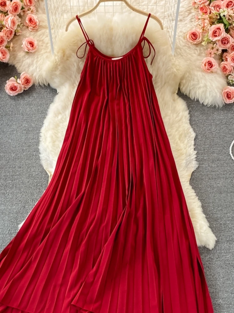 

Aibeautyer New Summer Solid Slim Pleated Lady Spaghetti Strap Dress A Line O Neck Chiffon Sexy High Waist Mid-calf Women Dresses