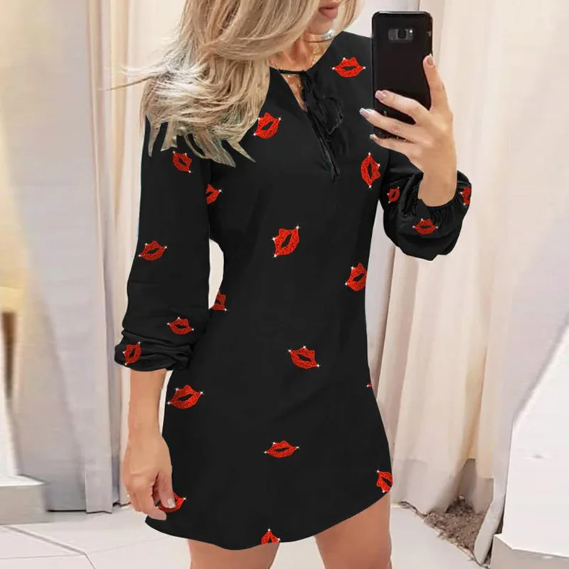 

Women Elegant Butterfly Print Mini Dresses Ladies Autumn Tie Front Beach Dress Casual Long Sleeve A-line Party Dress Vestidos