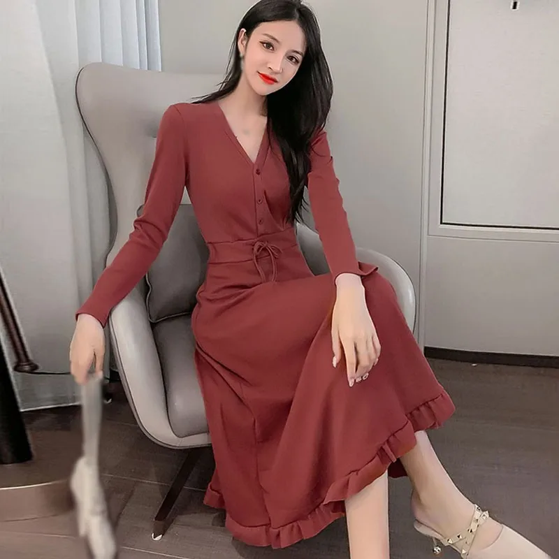 

Gentle Dress Temperament Autumn Dresses Ruffled v-Neck Slimming Waist Solid Color Vestido De Mujer