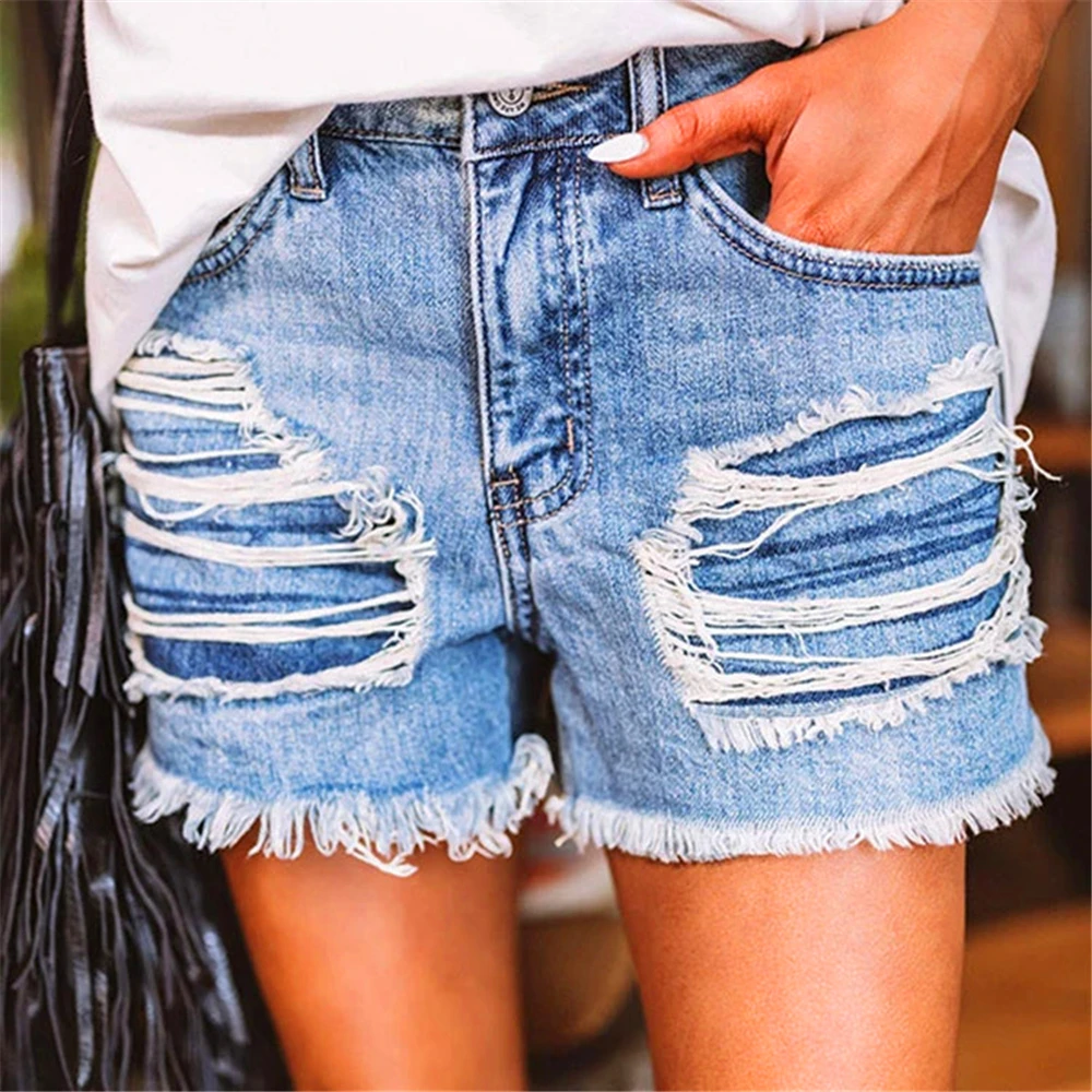

Female Streetwear Short Jeans 2021 Women Sexy Ripped Denim Shorts With Tassel Lady High Waist Straight Blue Jeans Shorts