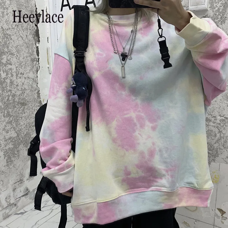 

Autumn Tie dyed Pullover Loose Hip Hop Sweatshirt Vintage Harajuku Long Sleeve Shirt O Neck College Student Oversize hoodies