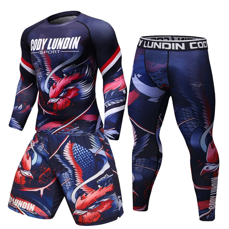 Костюм спортивный мужской компрессионный из 2 предметов свитшот с 3D принтом и