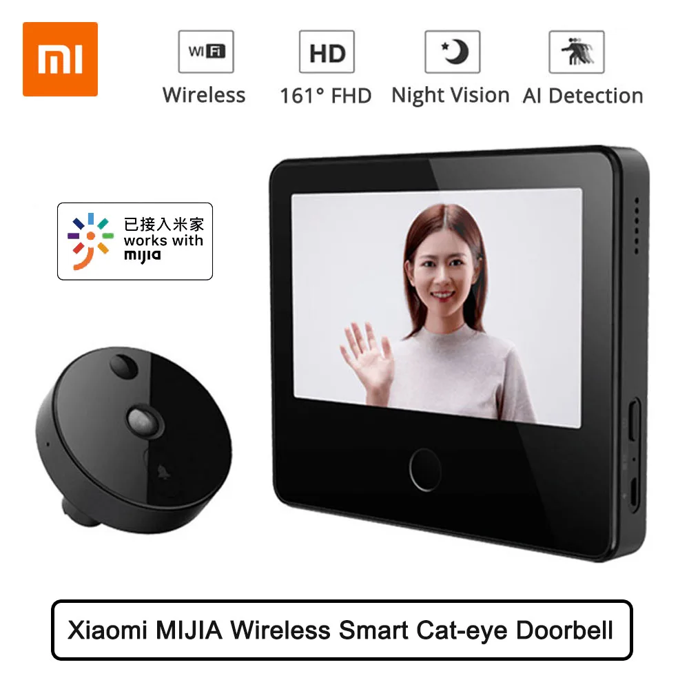 

Xiaomi MIJIA Wireless Smart Cat-eye 720P 161 FHD Video Doorbell with 5inch Touch Screen AI Face & PIR Movement Detection