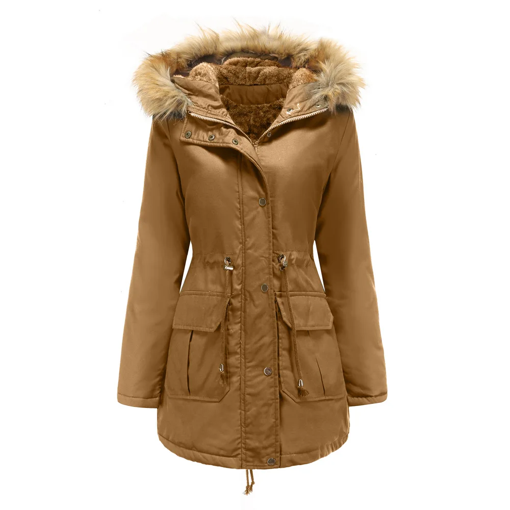 Autumn Winter Women Cotton Padded Jacket Casual Fur Hooded Parkas Womens Fleece Wadded Overcoat Medium-long Thicken Outwear