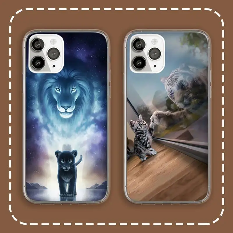 

Cat tiger dog lion reflection Phone Case Transparent for iPhone 6 7 8 11 12 s mini pro X XS XR MAX Plus cover funda shell