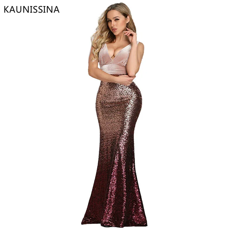 

KAUNISSINA Sexy Evening Dress V-neck Sleeveless Velvet Sequins Patchwork Mermaid Burgundy Long Evening Gown Elegant Party Gowns