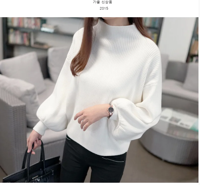 

0.7 New Arrival Thick Winter Knitted Women Sweater Half Turtleneck Lantern Sleeve Batwing Loose Pullover Solid Color Striped