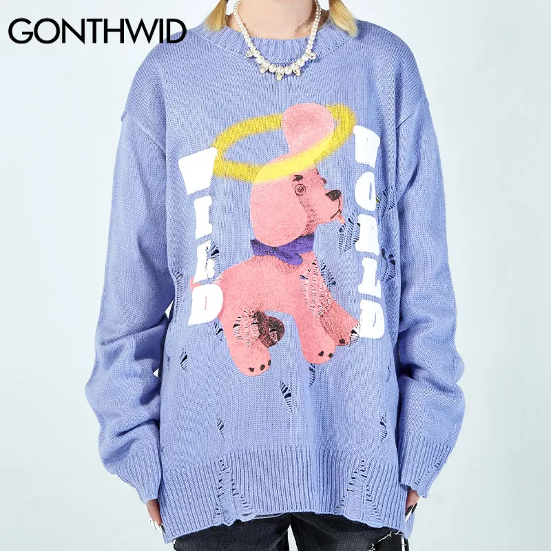 Скидка Свитер GONTHWID в стиле Харадзюку, уличная одежда, с мультяшным принтом собаки, потертый вязаный джемпер с дырками, повседневная трикотажная од...