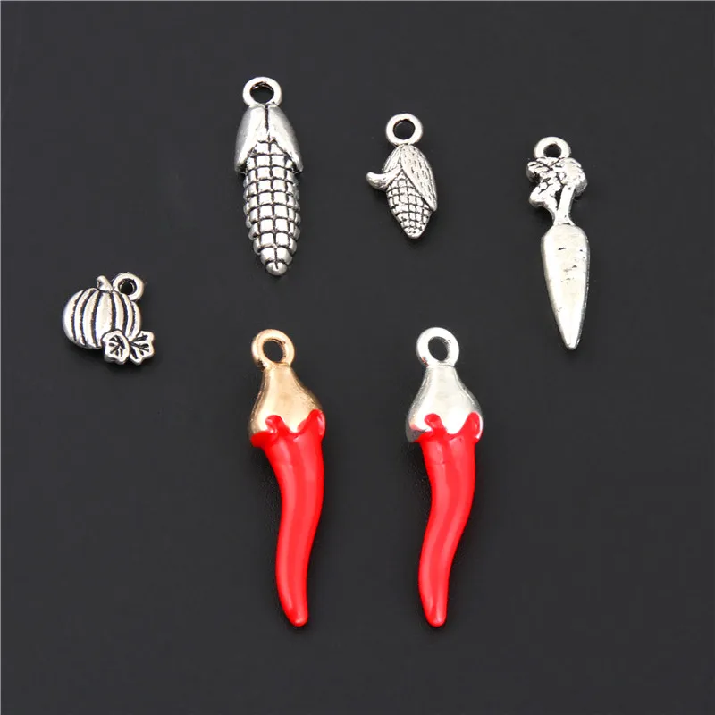 6 шт микс амулеты овощи Кукуруза Чили серебряный цвет кулон для изготовления