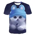 Детская футболка, забавная одежда с милым котом, футболка для мальчиков и девочек с 3D мультяшным аниме-принтом, лето 2021, универсальные Повседневные детские топы с круглым вырезом