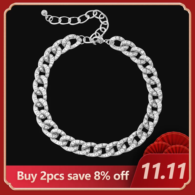 

KunJoe Iced Out Cuban Necklace Chain For women Fashion Luxury Full Rhinestone Silver Color Hip hop Choker Vintage Punk Jewelry