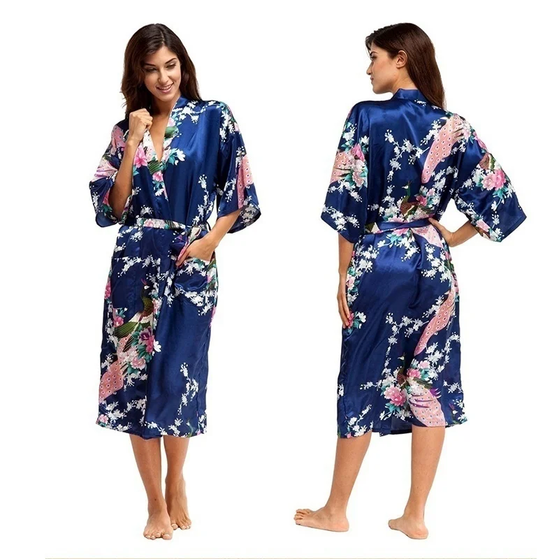 

Women Silk Kimono Robes Vintage Floral Peacock Printed Long Nightgown Satin Robe Night Bridesmaid Lingerie Plus Size M-XXXL
