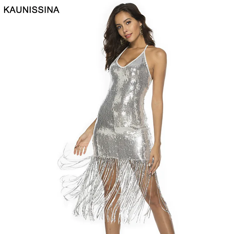 KAUNISSINA Sequin Tassel Cocktail Dresses Sexy Club Wear Party Dress Halter Strap Backless Party Gown Cocktail Dress