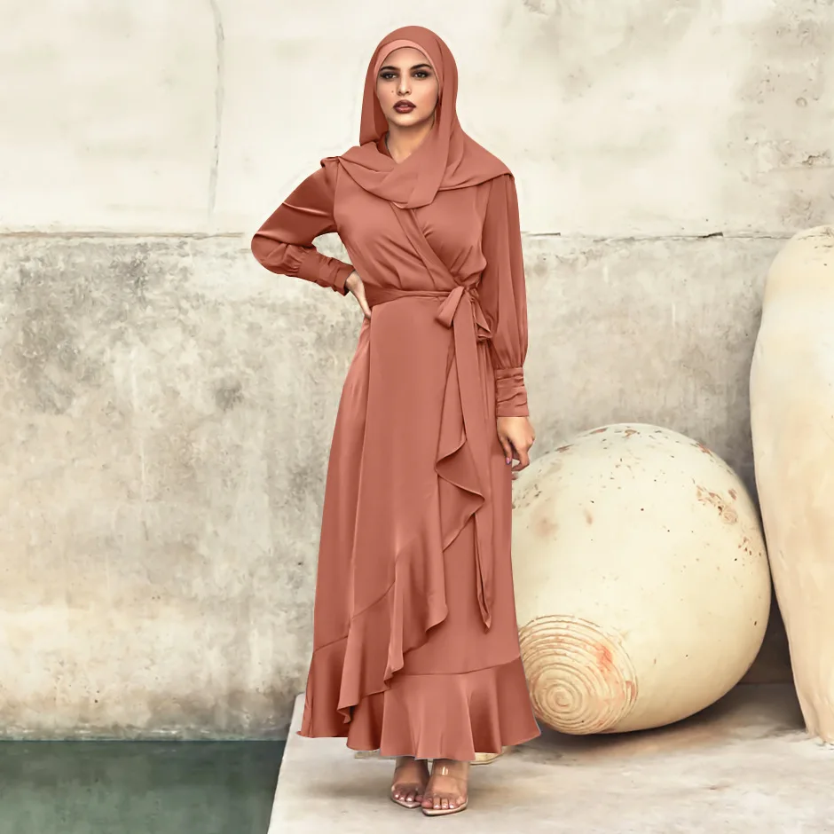 

Solid Color Irregular Ruffled Lace Long Islamic Cardigan Robe Dress Ramadan Autumn Turkish Spring And Summer Dress Robe