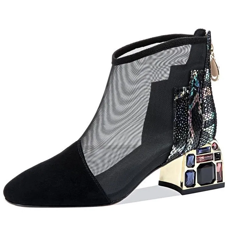 

2021 Mesh Female Sandals Sexy Woman Casual Pumps Summer Women High Heels Mid Heel Rhinestone Ponited-toe Shoe Ladies Party Heels