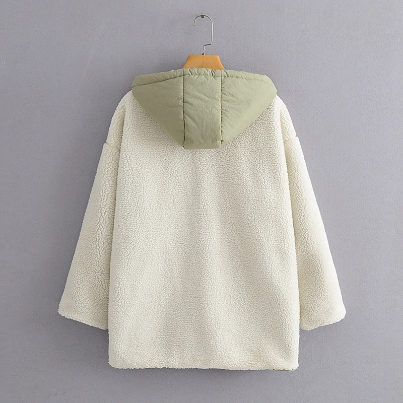 

YOSICIL Loose Fleece Patchwork Parka Women Winter Single Breasted Hooded Coat Batwing Long Sleeve Padded Jacket With Pockets