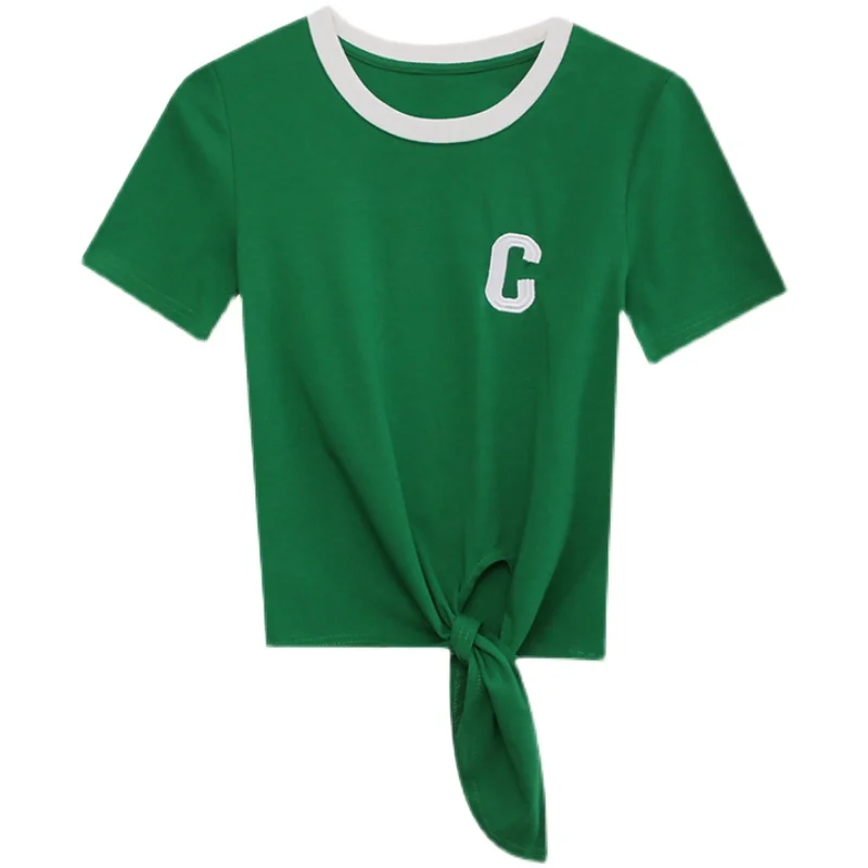 

Summer European Style Cotton Loose T-Shirt Chic Letters Embroidery O-Neck Lace Up Women Tops Short Sleeve Casual Tees T16420A