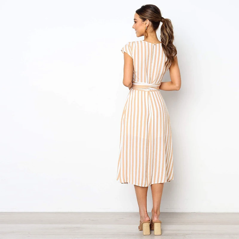 

QRWR Summer Women Dress 2020 Striped V Neck High Waist Elegant Ladies Dresses Knee Length Casual Sexy Party Midi Dress Women
