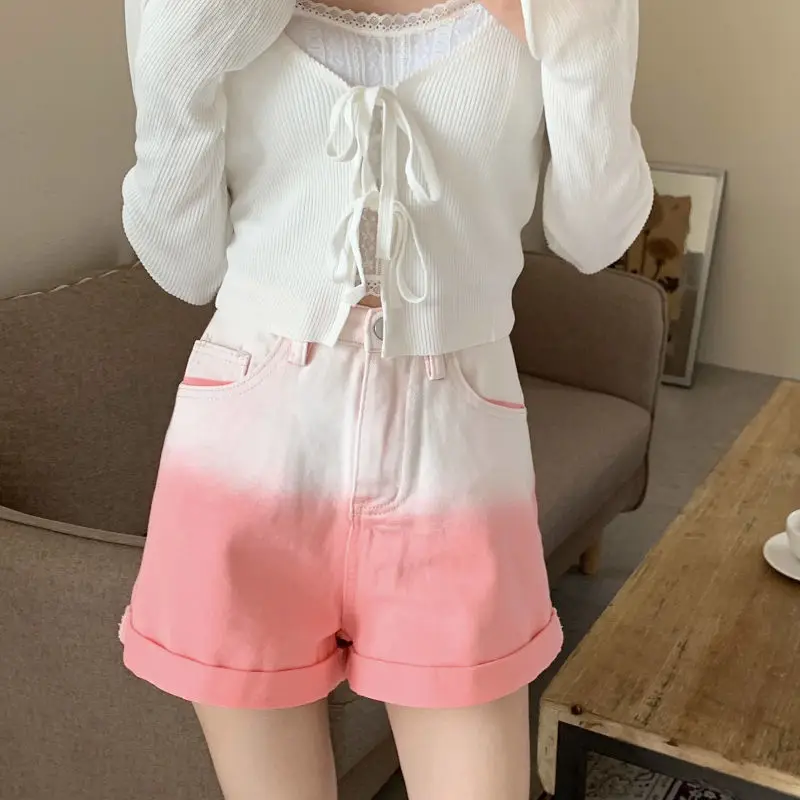

2021 summer new rolled edge denim shorts female high waist loose thin female student A-line wide leg pants female
