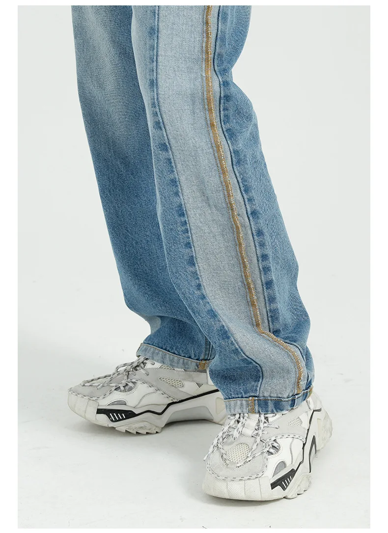 

Side Splice Stripe Bright Line Casual Loose Wide Leg Jeans Pant for Male Japan Korea Streetwear Vintage Hip Hop Denim Pants Men