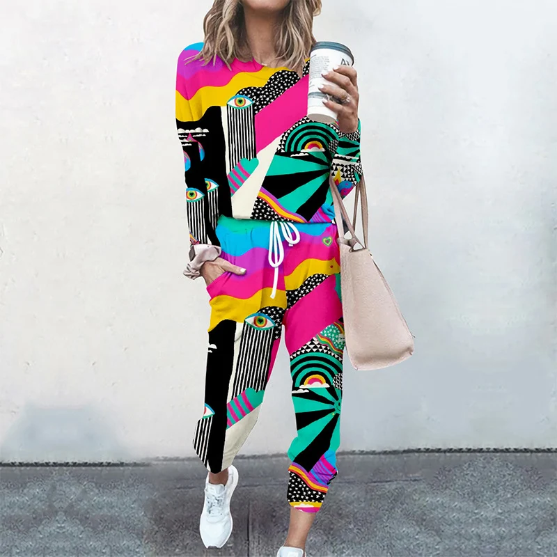 

Women 2 Piece Sets Sport Outfits Long Sleeve Abstract Print Female Tops and Elastic Waist Pants Casual Streetwear Tracksuit