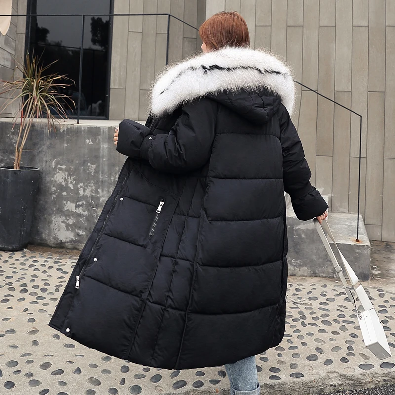 Женская длинная куртка с капюшоном толстая парка меховым воротником верхняя