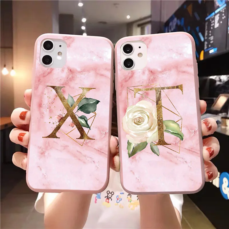 Initial Letter Silicone Phone Case For iPhone 13 12 mini 11 Pro X XR XS Max 6s 7 8 Plus Retro Pink Leaves Soft TPU Back Cover