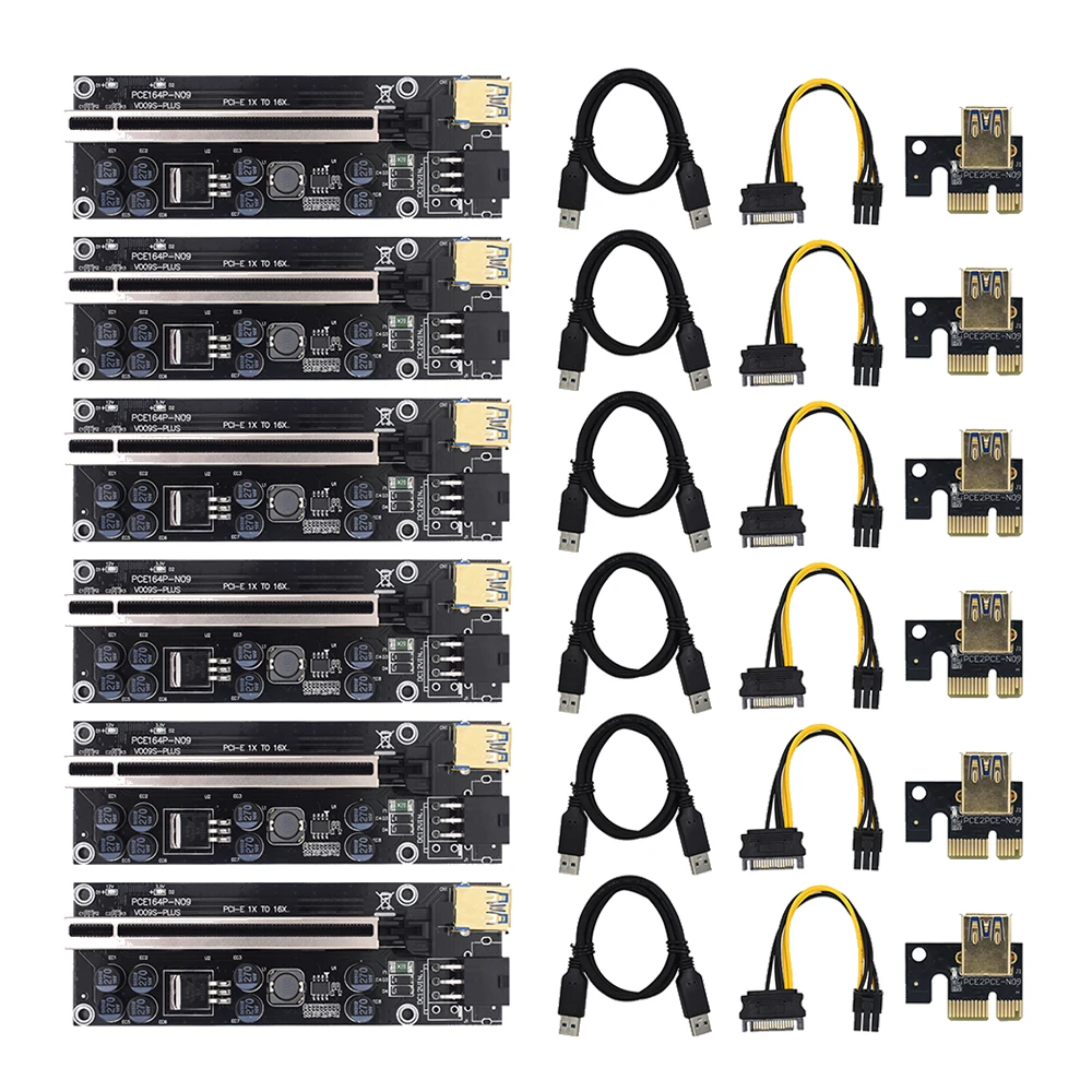 

VER009S 1/6set Riser Card Plus 1X To 16X Extender 6Pin Graphics Extension Adapter USB 3.0 Cable GPU For Miner Mining Bitcoin