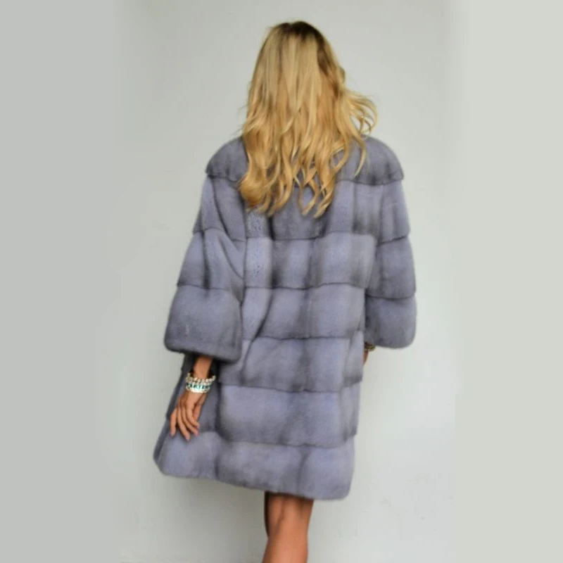 Luxury 90cm Long Women Grey Real Fur Coat Stand Collar Natural Full Pelt Genuine Import Mink Fur Coats Woman Outfit High Quality
