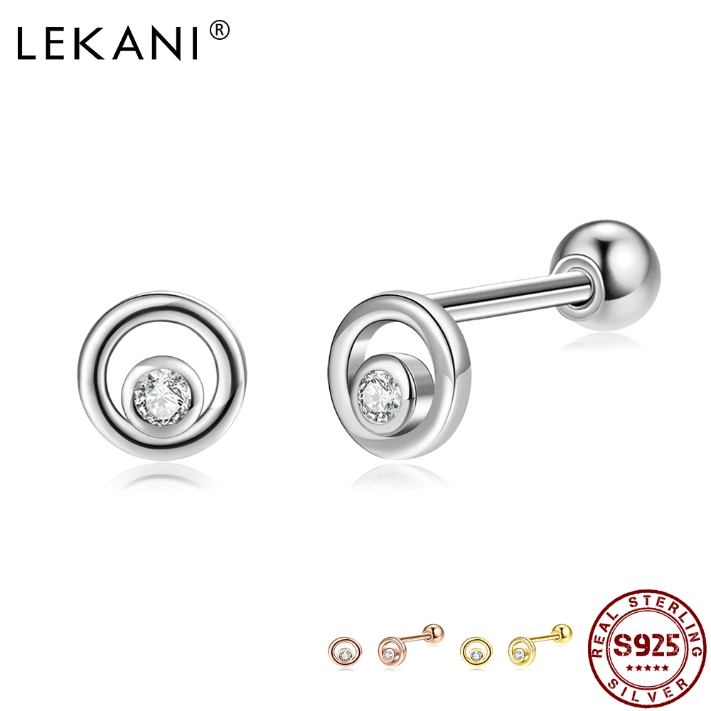 

LEKANI Sterling Silver 925 Jewelry Double Circle Gold Color Stud Earrings For Women Cute Cubic Zirconia Earings Accessories