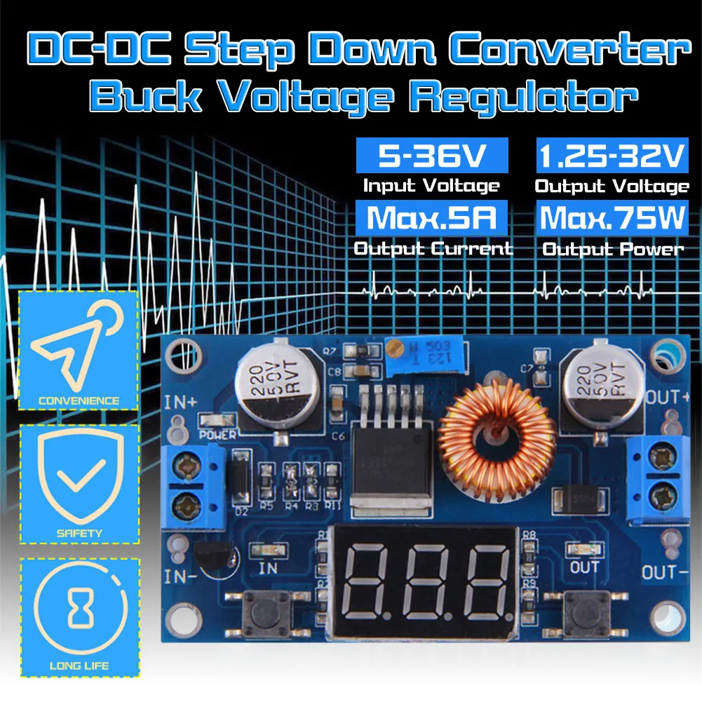 

Car Step Down Converter DC-DC Step Down Converter 5-36V to 1.25-32V 5A Buck Voltage Regulator NEW FT Car Accessories Support CSV