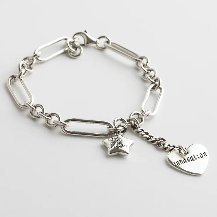 Leouerry 925 Sterling Silver Vintage Heart Star Thick Chain Bracelets for Women Exaggerated Jewelry Charms Bracelet | Украшения и