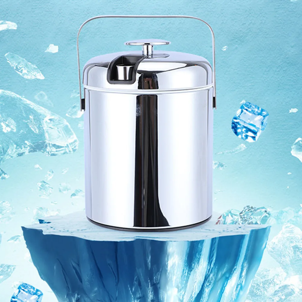 

1PC 1.3L Stainless Steel Ice Bucket Electroplating Ice Storage Barrels Portable Ice Container Heat Insulation Lock Ice Can Cold