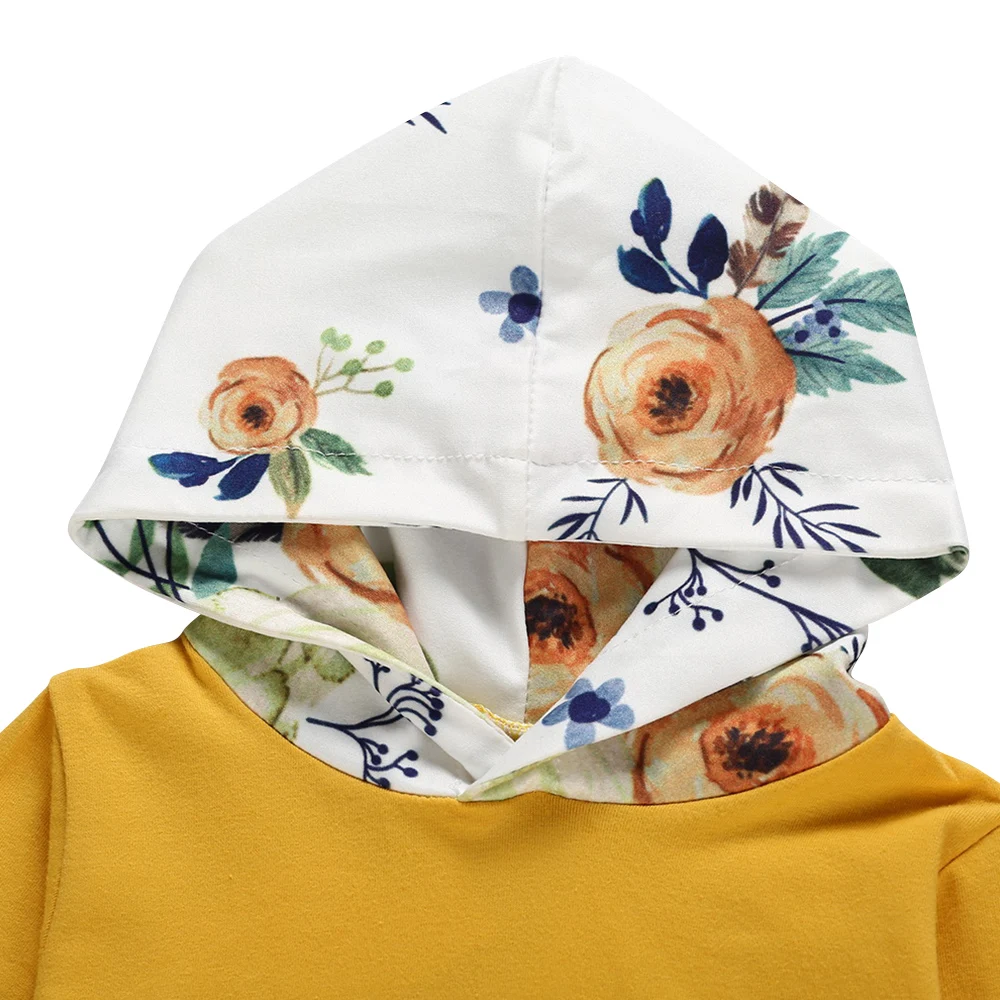 Желтый наряд Одежда для новорожденных девочек толстовки с цветочным принтом на