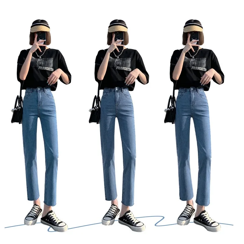 Double-breasted Straight Jeans Women's Pants Winter Autumn 2021casual Simple High Waist Slim Denim Pants Trousers