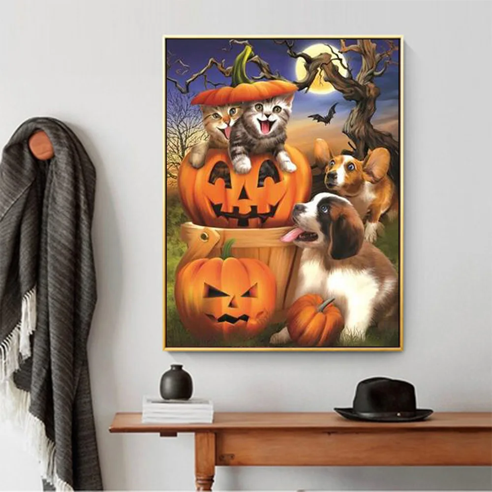 Хэллоуин Тыква мультфильм Алмазная картина животное кошка и собака круглая