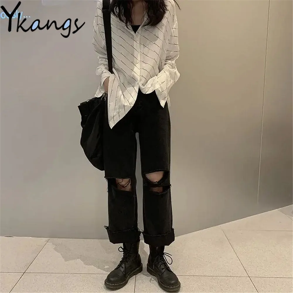 

Black Ripped Hole Wide Leg Jeans 2021 High Waist Summer Women Denim Pants Korean Fashion High Street Streetwear Casual Trousers