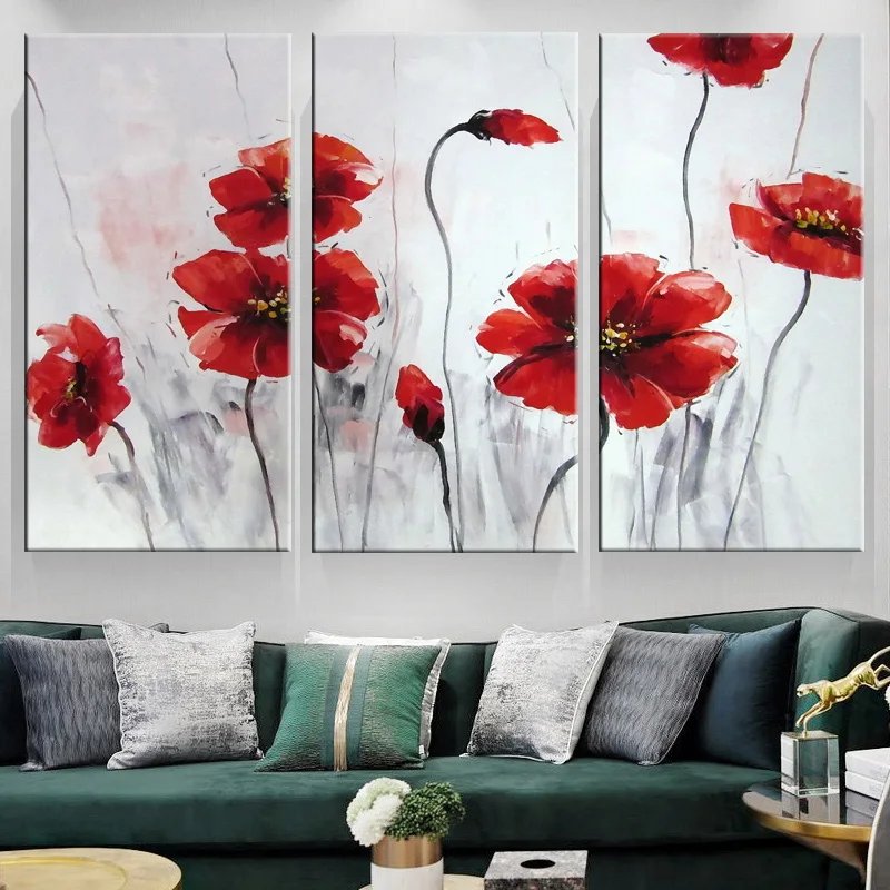 

Modern Canvas Painting 3 pieces Combined Flowers Posters Abstract Red Poppy Canvas Printings Wall Pictures for Living Room