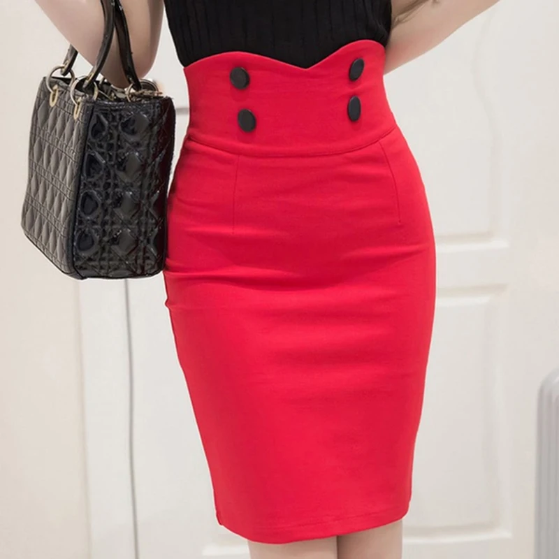 

Sexy Midi Pencil Skirt Women 2022 Fashion Elastic High Waist Skirt Black Red Office Lady Bodycon Skirts Saias For Ladies