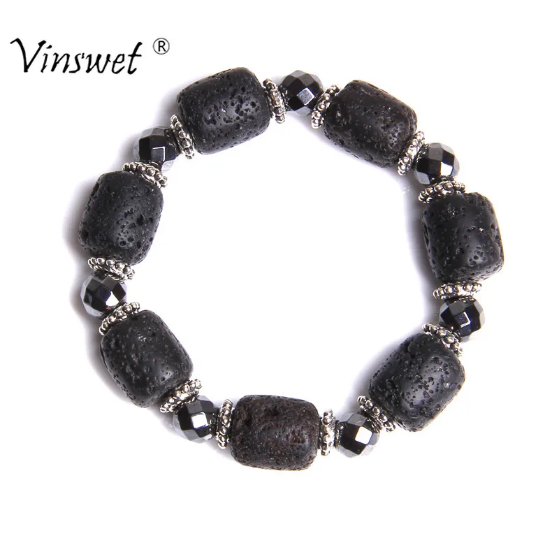 Черные лавы Браслеты с бусинами из натурального камня для мужчин гематит