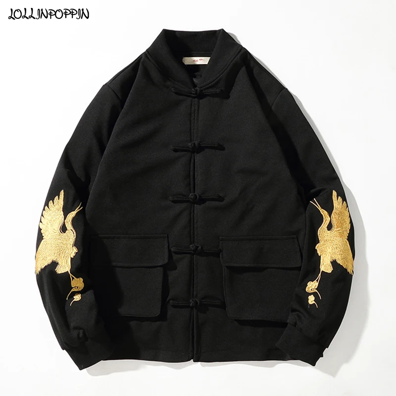 

Мужская бейсбольная куртка в китайском стиле, черная однобортная бейсбольная куртка с воротником-стойкой и вышивкой журавлей на рукавах