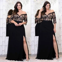 plus size black evening dresses off shoulder appliqued half sleeves side split prom dresses ruffle custom made formal party gown