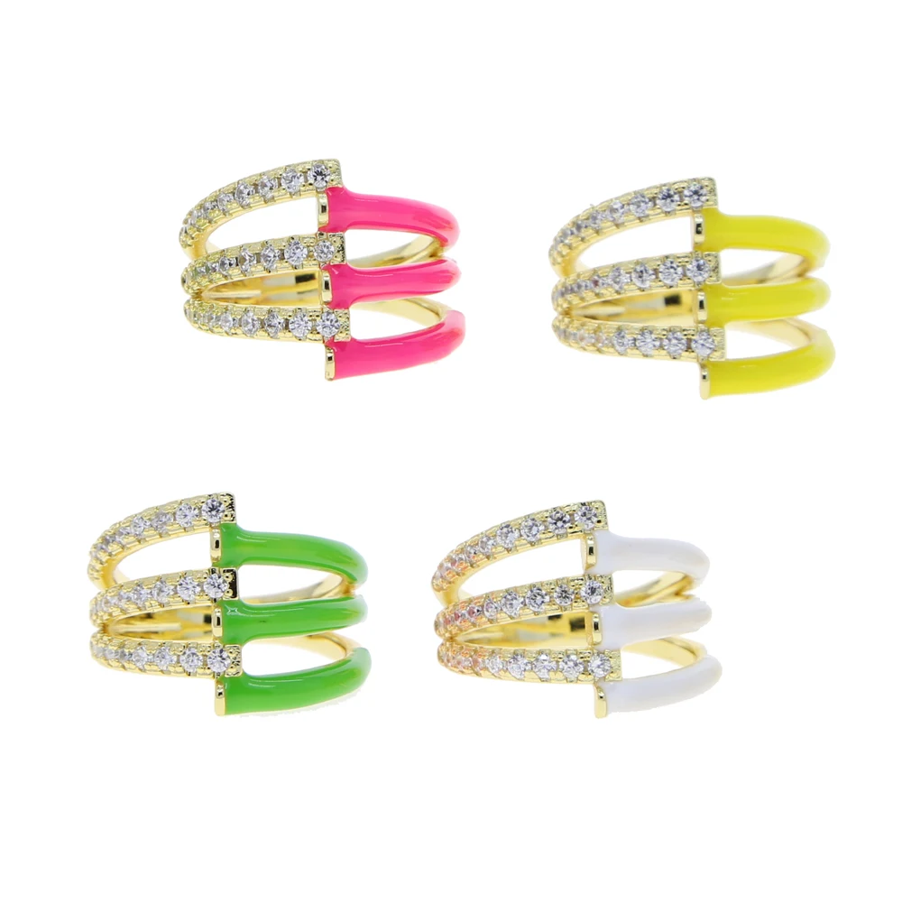 2021 Spring New Design Colorful Women Finger Jewelry Gold Color Half CZ Half Enamel Geometric Bar Multi layer Ring